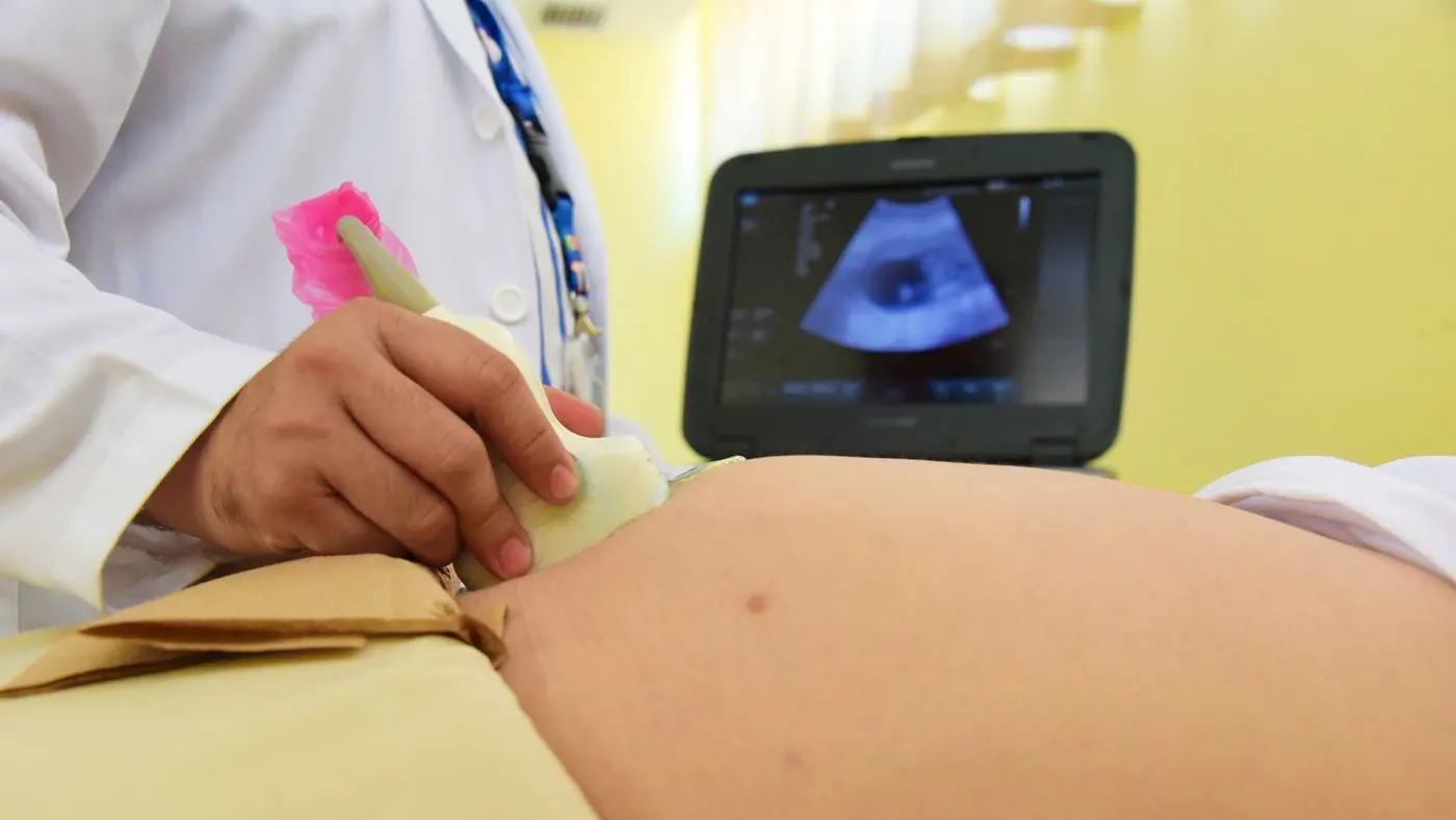 Médica con bata blanca que pasa el transductor de ecografía sobre el abdomen de una paciente acostada, con la imagen del examen en el monitor, como en la ecografía que muestra la grasa del hígado